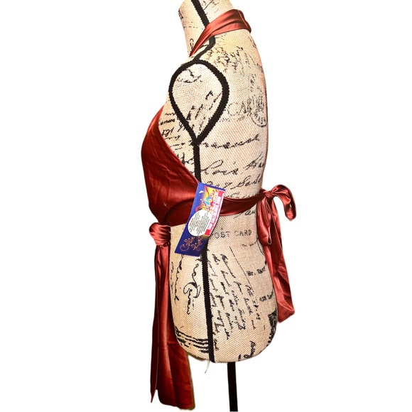 Upscale Shiny Satin Copper Tie Front Apron Halter Top - Picture 9 of 14